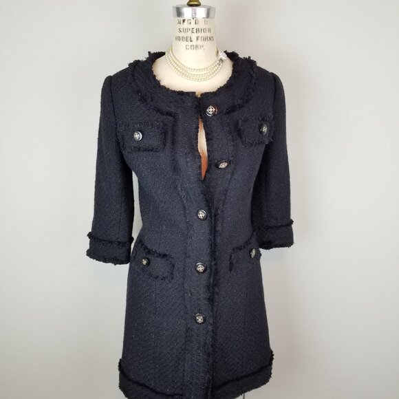 Tea/F Black Tweed Classic Style Mid Length Coat 3/4 Sleeves Ladies Size Small - Picture 1 of 12